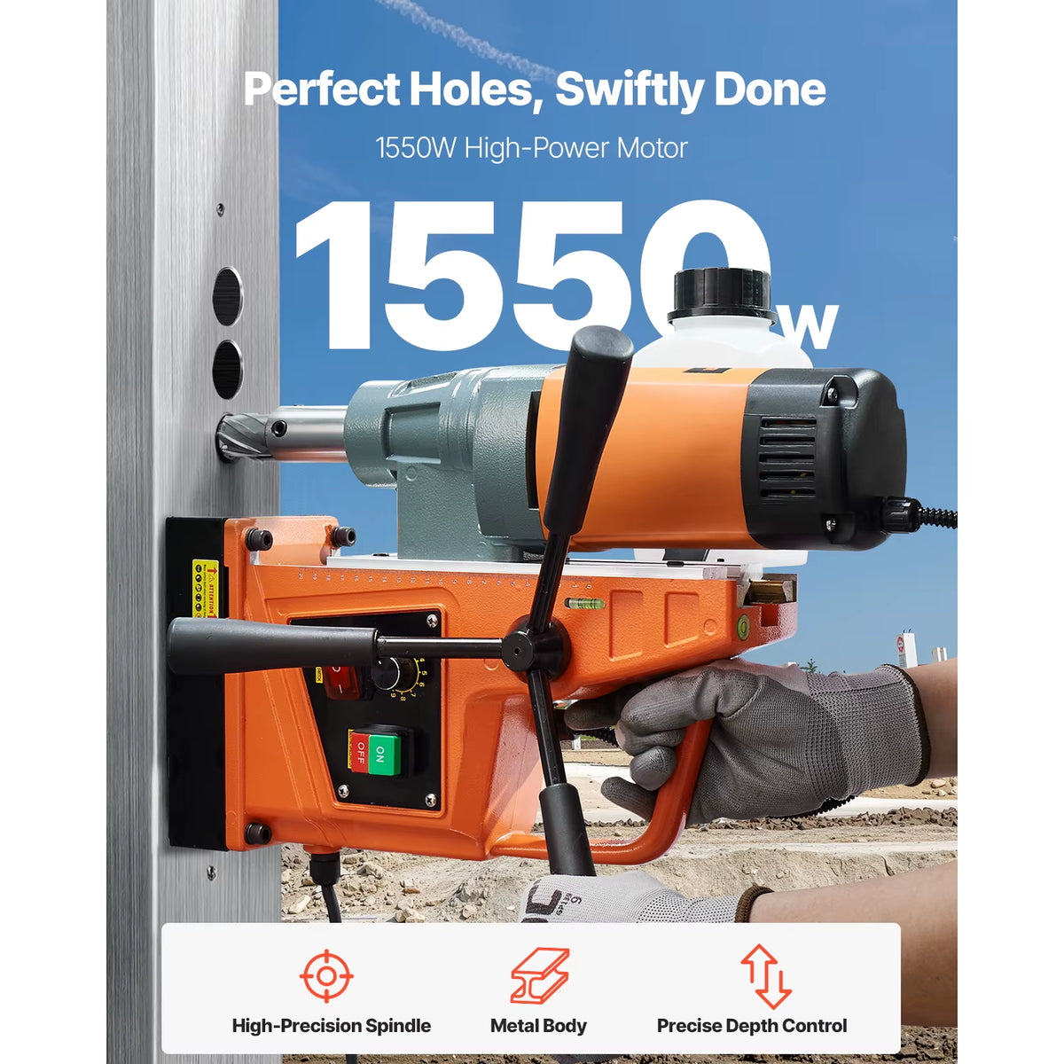 Succebuy 1300/1550W Portable Electric Magnetic Drill Press with Variable Speed 0-500 RPM for Metal Surfaces