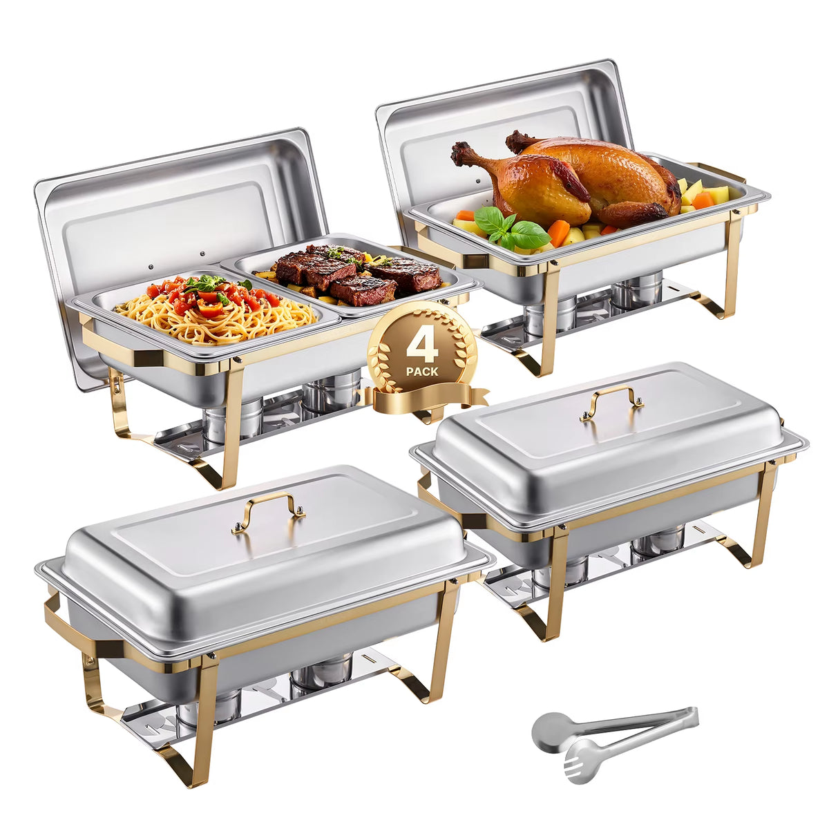 Succebuy 8 Qt Stainless Steel Chafing Dish Buffet Set - 4 Pack with 2 Full Size and 4 Half Size Pans for Catering and Serving