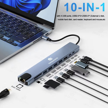 10 in 1 USB C HUB 4K30Hz Docking Station Type C to Hdtv-Compatible RJ45 Ethernet PD100W for Macbook Ipad Huawei Sumsang Phone