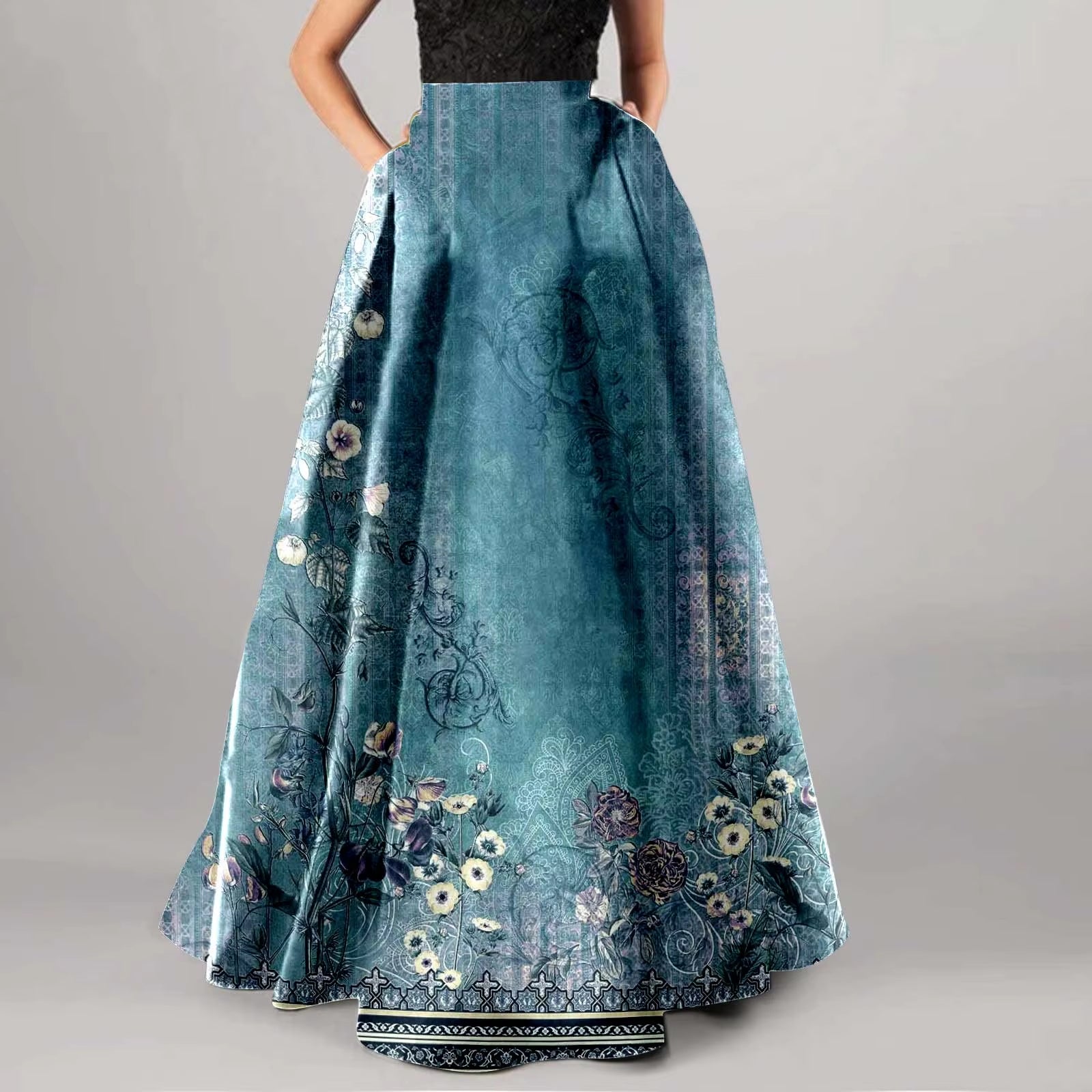 High Waist Pocket Skirts for Women Fashion Bohemian Floral Print Maxi Skirt Party Beach Long Skirt Elegant Vintage Clothing