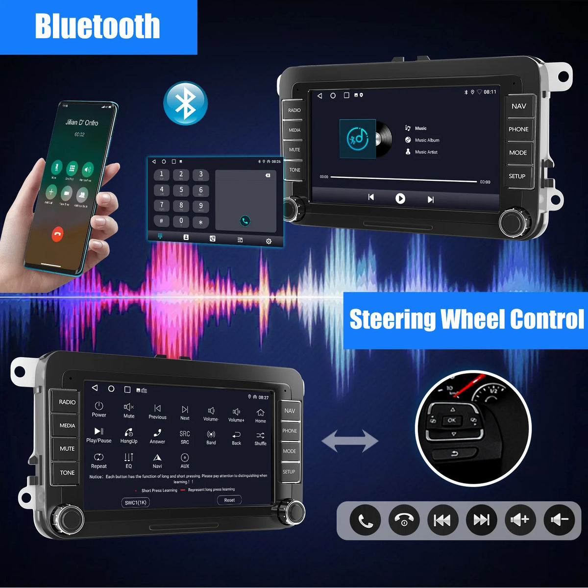 ESSGOO 7-Inch Android Car Stereo with 4G RAM, 64G Storage, Apple CarPlay, ChatGPT, GPS, WiFi, RDS, and Bluetooth Compatibility for VW Golf 5/6, Passat, Polo, Touran, Tiguan, Caddy, and EOS