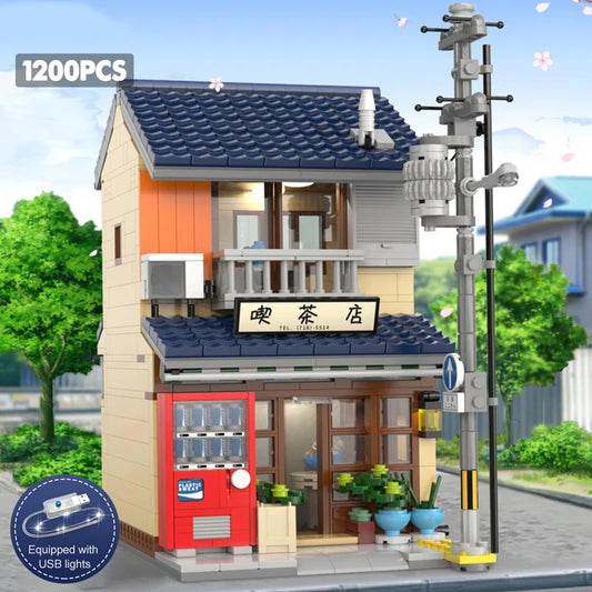 1200PCS Japanese Tea House Building Blocks City Street View Model Bricks Set with Light Idea Desktop Decoration Children DIY Toy