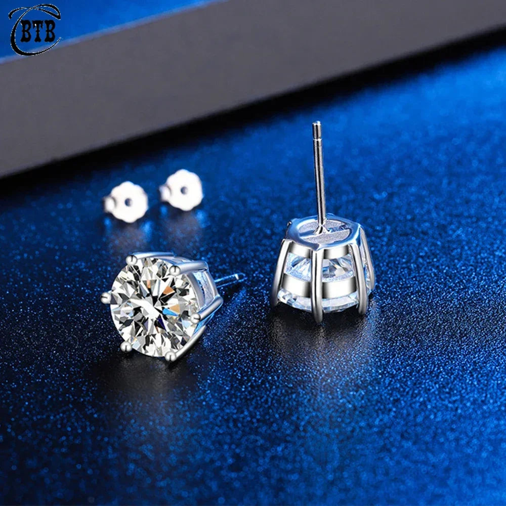 CBTB 925 Sterling Silver GRA Certified 0.5-3CT Real Moissanite D Color VVS1 Six-Jaw Stud Earrings for Women - Wedding Band Jewelry