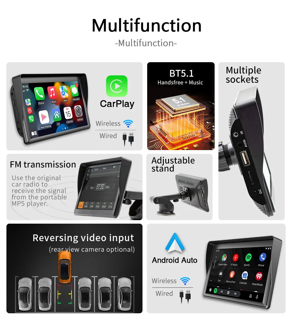 Universal 7" HD Portable Car MP5 Wireless Android Auto/Carplay BT Mirrorlink Car Player Remote Control Cat Stereo