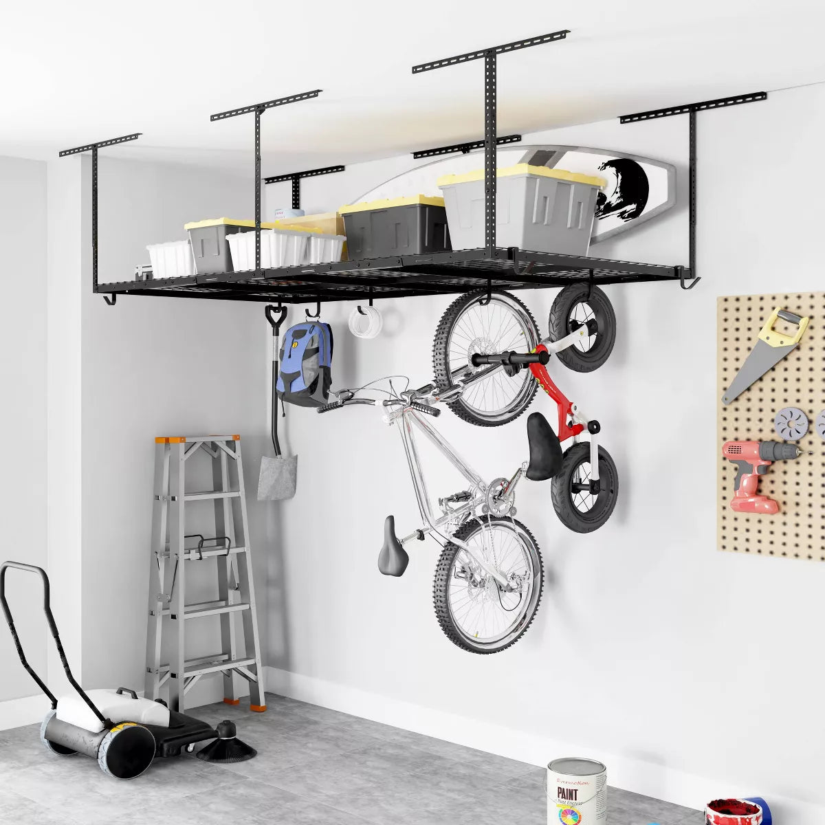 Adjustable Overhead Garage Storage Rack, 4' x 8', with 8 Accessory Hooks, Black Steel Utility Shelves