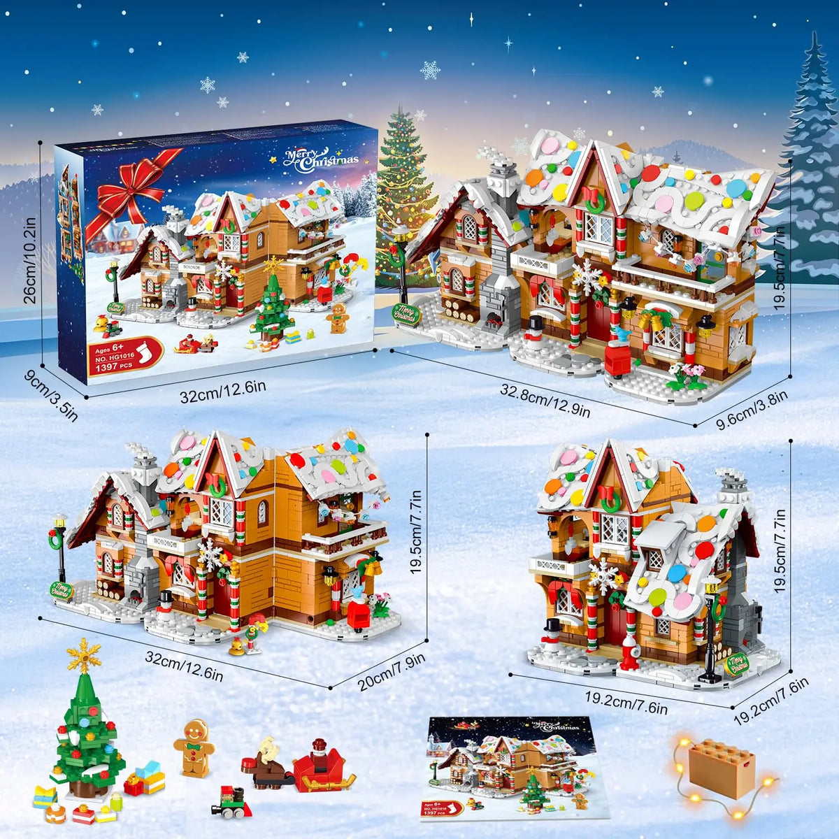 2025 LED Gingerbread House Building Toy - 3 Style Modes with Santa, Christmas Tree, and Train for Ages 8 and Up