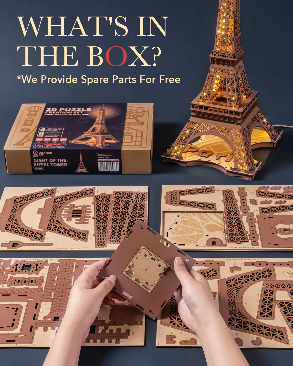 Robotime 3D Wooden Puzzle - Eiffel Tower Model (1:638) for Adults and Children - DIY Craft Kit with Lighting Feature