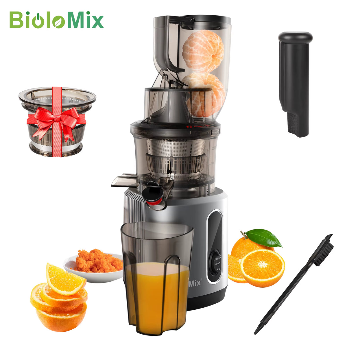 Biolomix Cold Press Juicer with 75mm Feed Chute, 200W Motor, 40-65 RPM Slow Masticating Juice Extractor for Whole Fruits