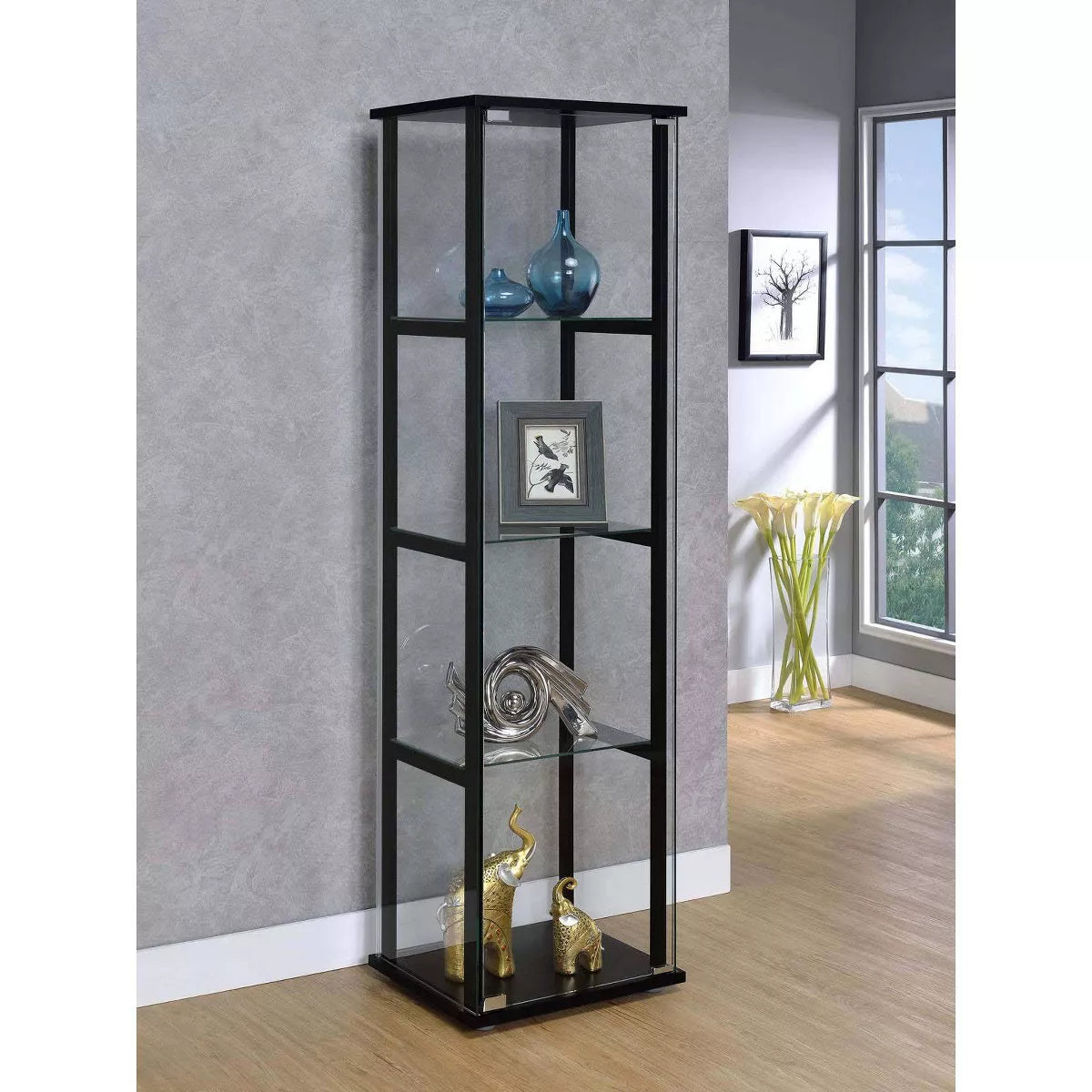 Cyclamen Contemporary 4-Shelf Glass Curio Cabinet in Black and Clear Finish
