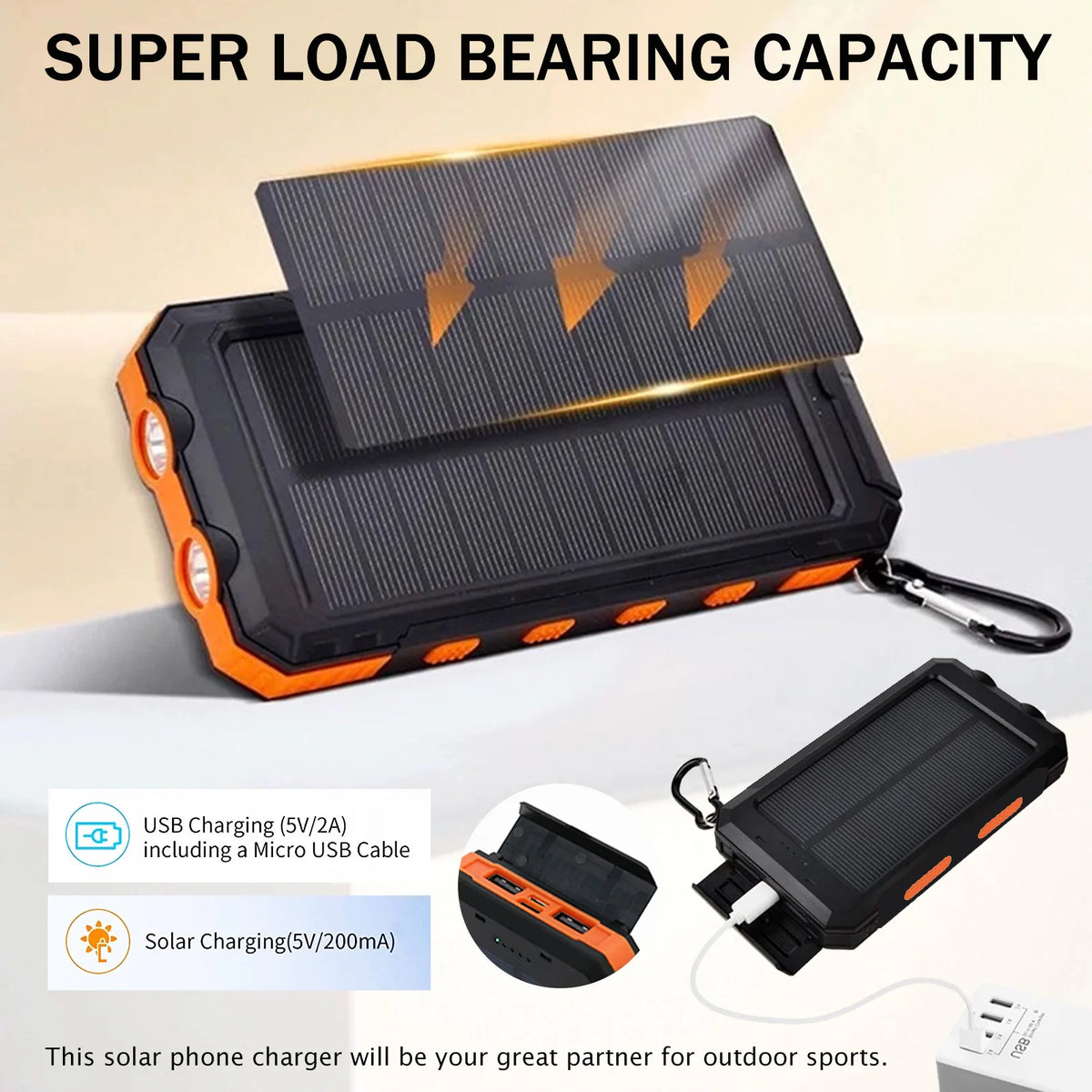 20000mAh Waterproof Solar Power Bank with Dual 5V USB Ports, LED Flashlight, and Compass for Outdoor Camping