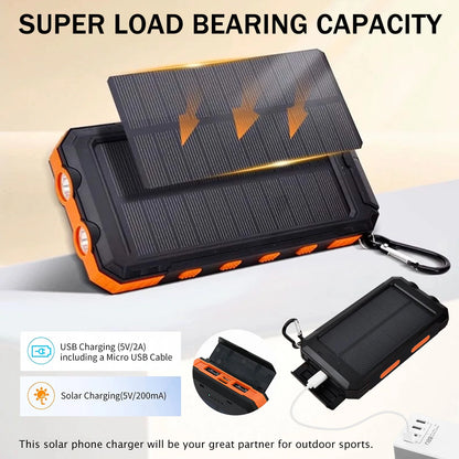 20000mAh Waterproof Solar Power Bank with Dual 5V USB Ports, LED Flashlight, and Compass for Outdoor Camping