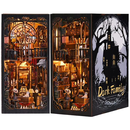 Book Nook Kit Dark Family DIY Wooden Puzzle Gothic Style Halloween Bookshelf Dollhouse Model Bookend Building Home Decoration