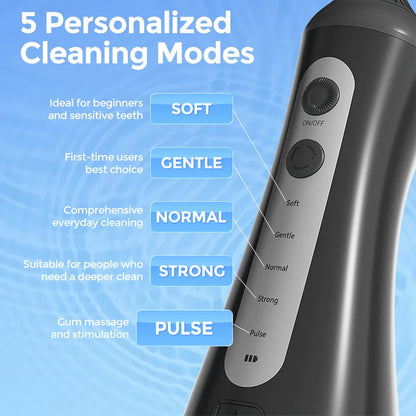 SEJOY Portable Electric Water Flosser with 350ML Tank, 5 Modes, and 5 Jet Tips for Dental Care and Teeth Whitening - Ideal for Home and Travel