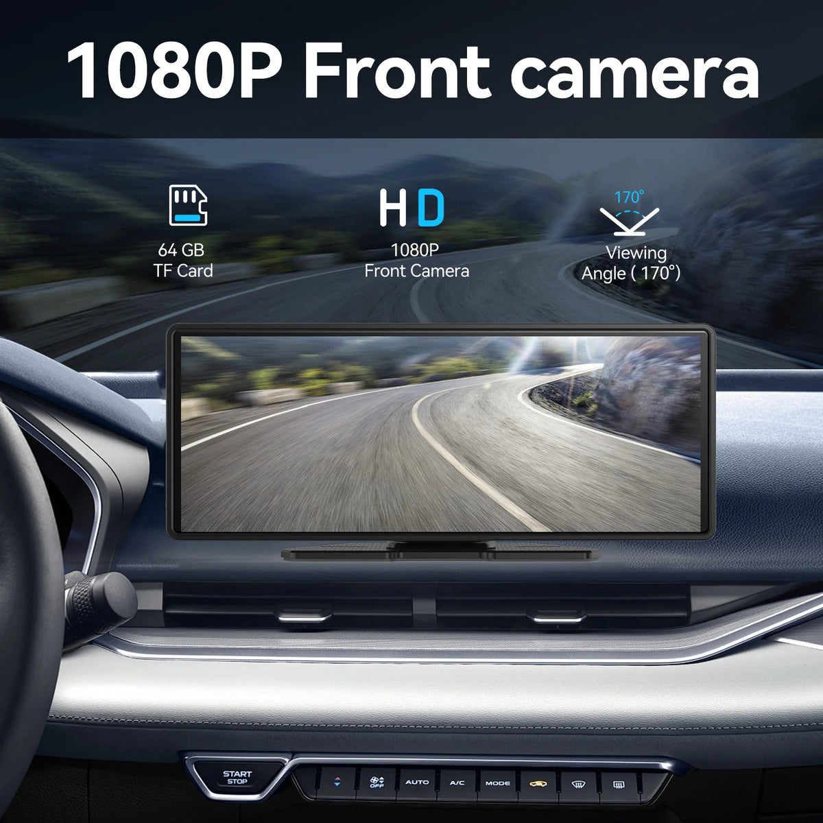 Pionray 10.26-Inch Portable 4K Dual Lens Car DVR with Wireless CarPlay, Android Auto, GPS Navigation, and WiFi FM Functionality