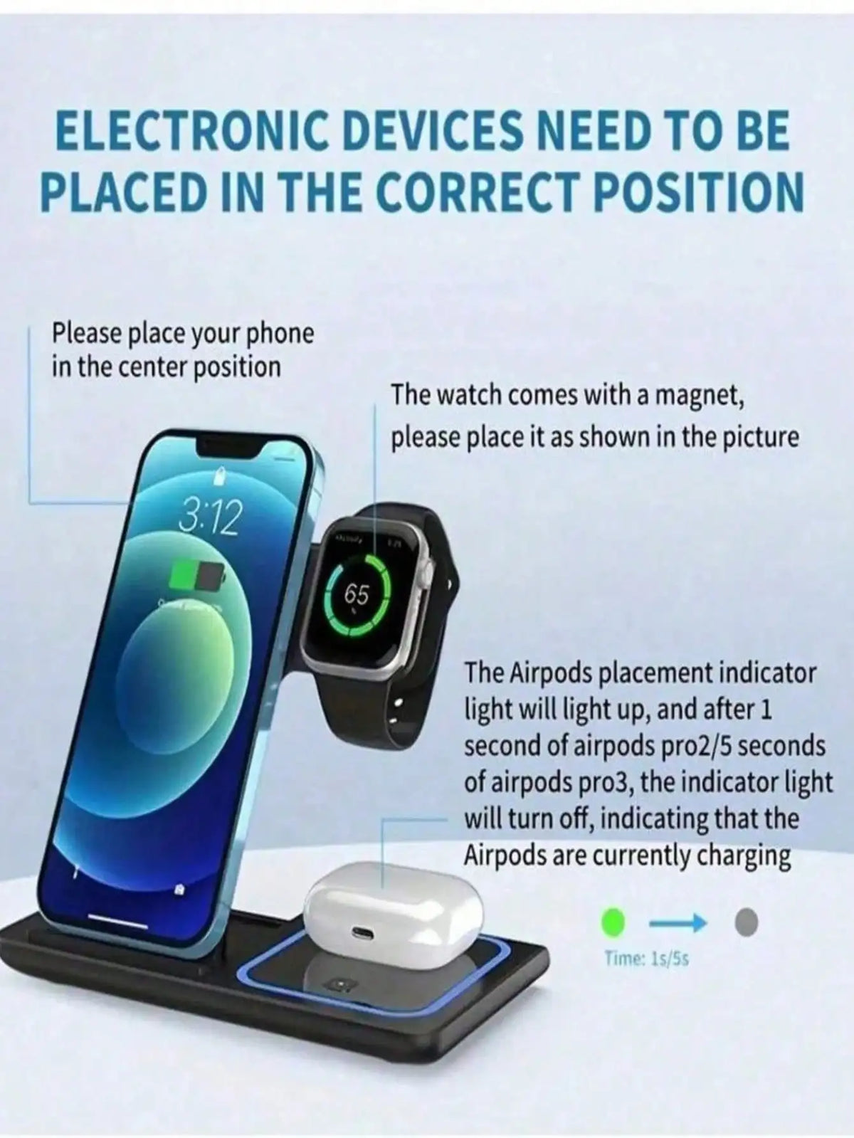 3-in-1 Wireless Charging Station with Mobile Phone Holder and LED Indicator for iPhone 17/16/15/14/13/12 Pro Max, Apple Watch Series 10/9/8/7/6/5, and AirPods 3/2 - Fast Charging Dock