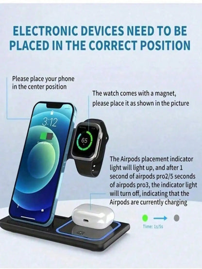3-in-1 Wireless Charging Station with Mobile Phone Holder and LED Indicator for iPhone 17/16/15/14/13/12 Pro Max, Apple Watch Series 10/9/8/7/6/5, and AirPods 3/2 - Fast Charging Dock