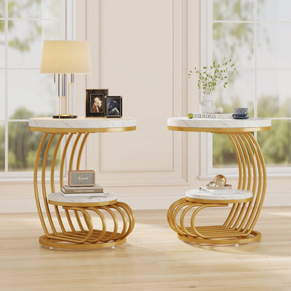 Tribesigns Gold Round End Table: Two-Tier Faux Marble Side Table with Storage Shelf, Modern White and Gold Bedside Nightstand