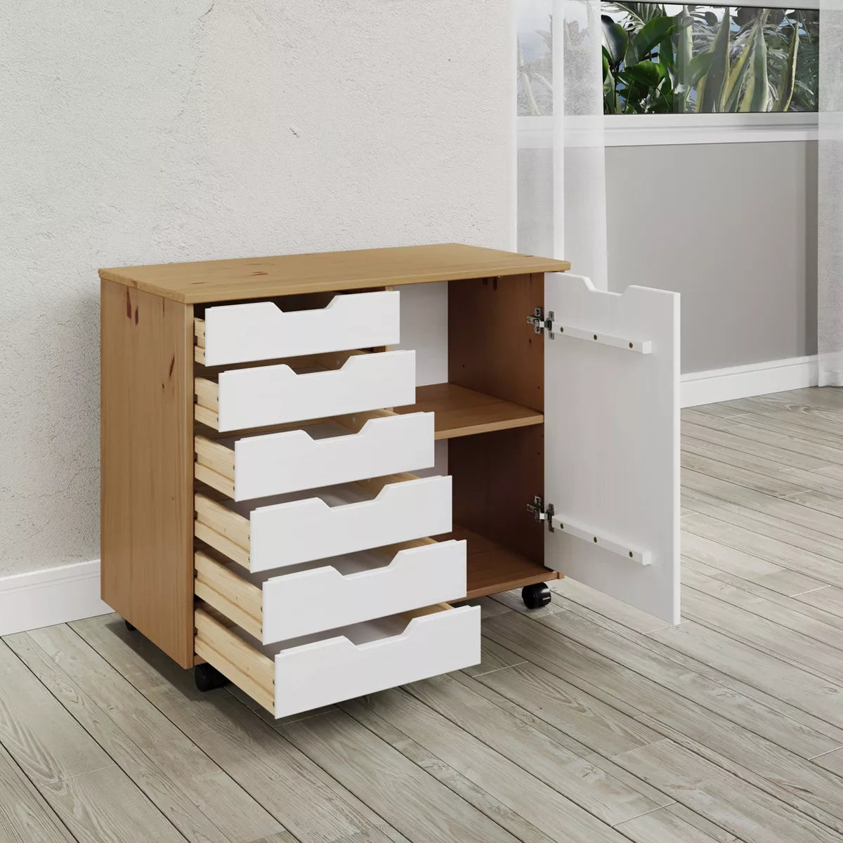 6 Door Drawer Roll Cart White and Natural Wood