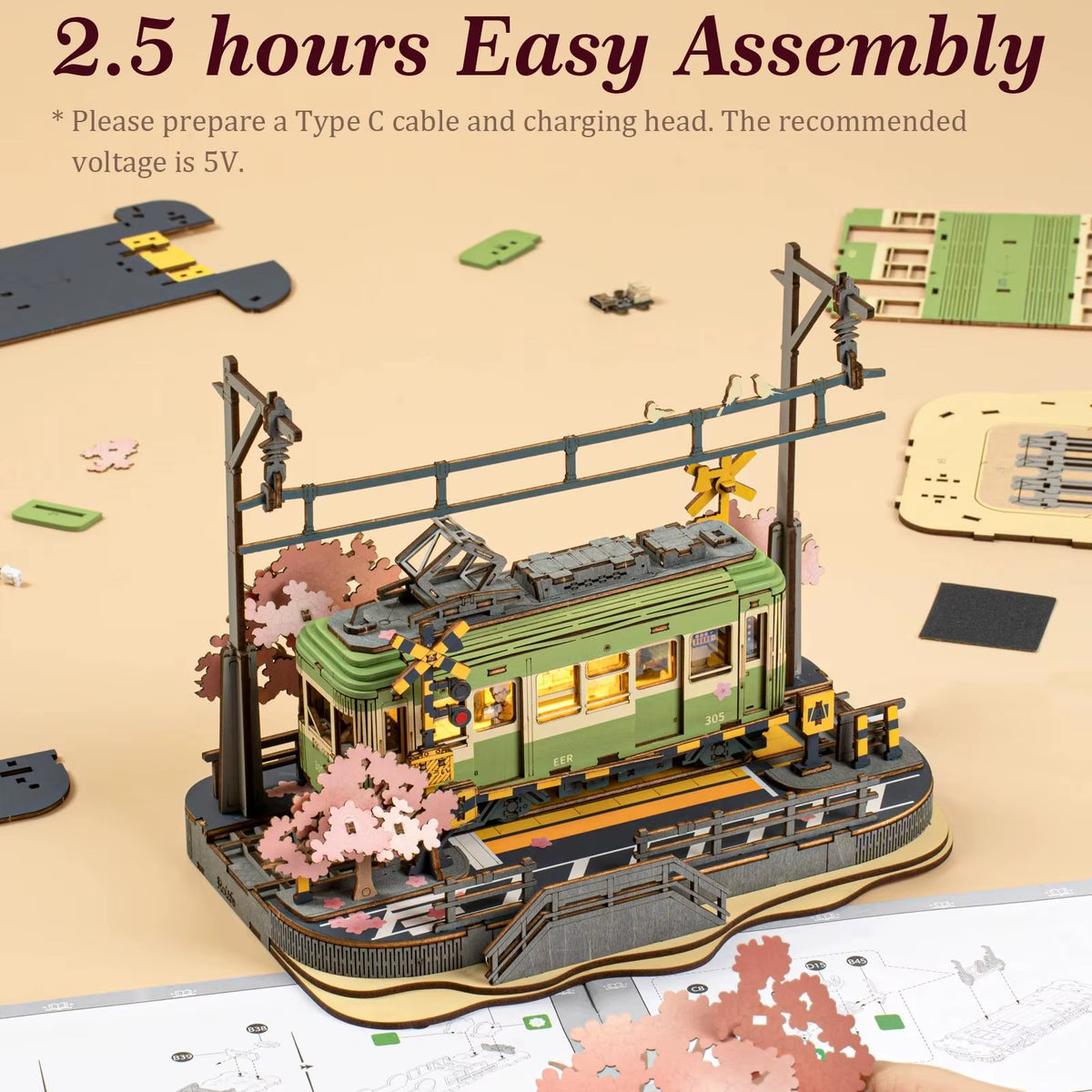Rolife Wooden 3D Puzzle Sakura Journey Tram DIY Model Kit with LED for Home Decor and Gift for Adults and Families