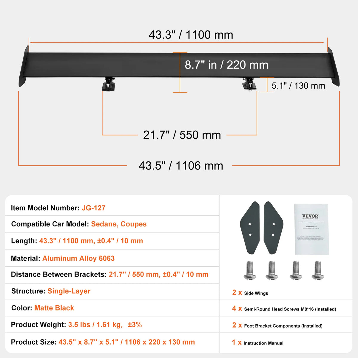 Succebuy 43.3-Inch Universal GT Wing Car Spoiler - Adjustable Lightweight Aluminum Rear Spoiler Wing
