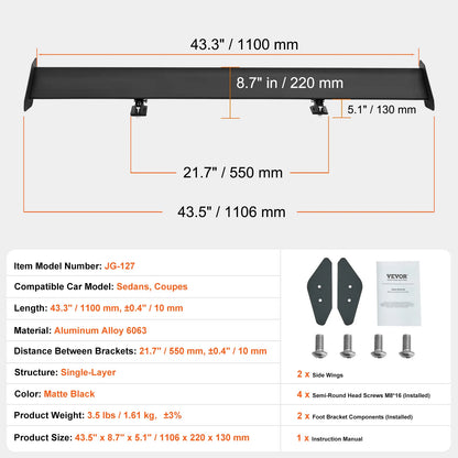 Succebuy 43.3-Inch Universal GT Wing Car Spoiler - Adjustable Lightweight Aluminum Rear Spoiler Wing