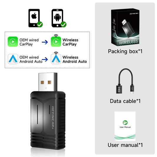 2025 HEYINCAR 2In1 Wireless Android Auto Adapter Carplay Smart Dongle Plug and Play for Kia Volvo Audi MG Opel VW Hyundai Jeep