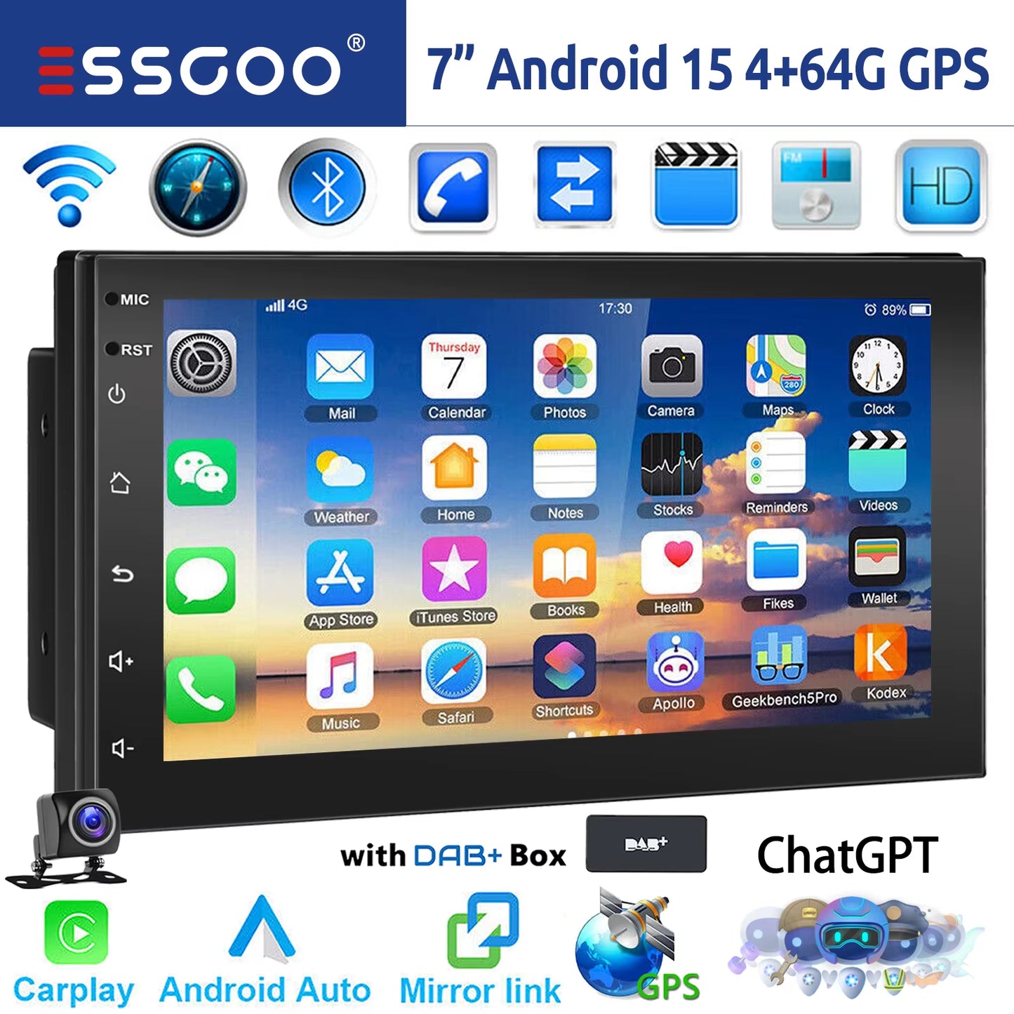 ESSGOO 7"/9"/10“ 2 DIN Android 14 4+64G Car Stereo Carplay Android Auto GPS Navi Bluetooth FM RDS Radio WIFI Touchscreen Chatgpt