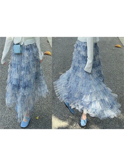 Elegant Floral Lace Maxi Skirt with High Waistband and Flowy Layers for Wedding Party Evening Prom Beachwear