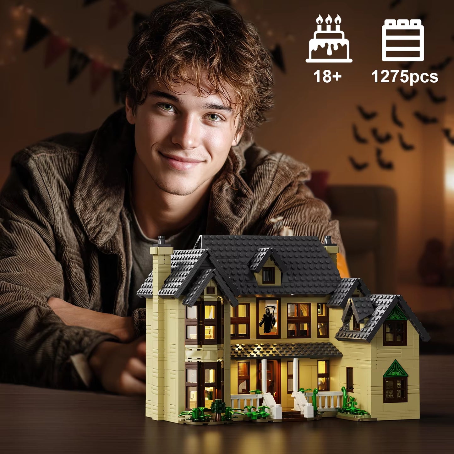 Scream Ghostface House House Building Blocks Set with LED Light,Halloween Decoration Gift for Adults Horror Film Fans(1275Pcs)