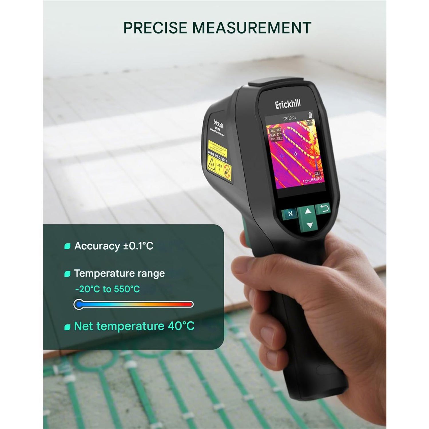 ERICKHILL ETI-01 Thermal Imaging Camera 240 X 240 Resolution 20 Hz Refresh Rate -20°C to 550°C Portable Infrared Device HVAC Inspection Tool Laser Pointer Long Battery Life CE Certified