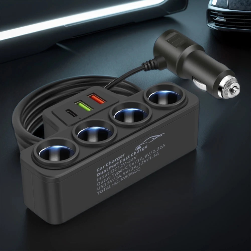 High-Performance 120W Car Cigarette Lighter Socket Splitter with QC3.0 and PD Technology, Featuring 4 Sockets and 3 USB Charging Ports