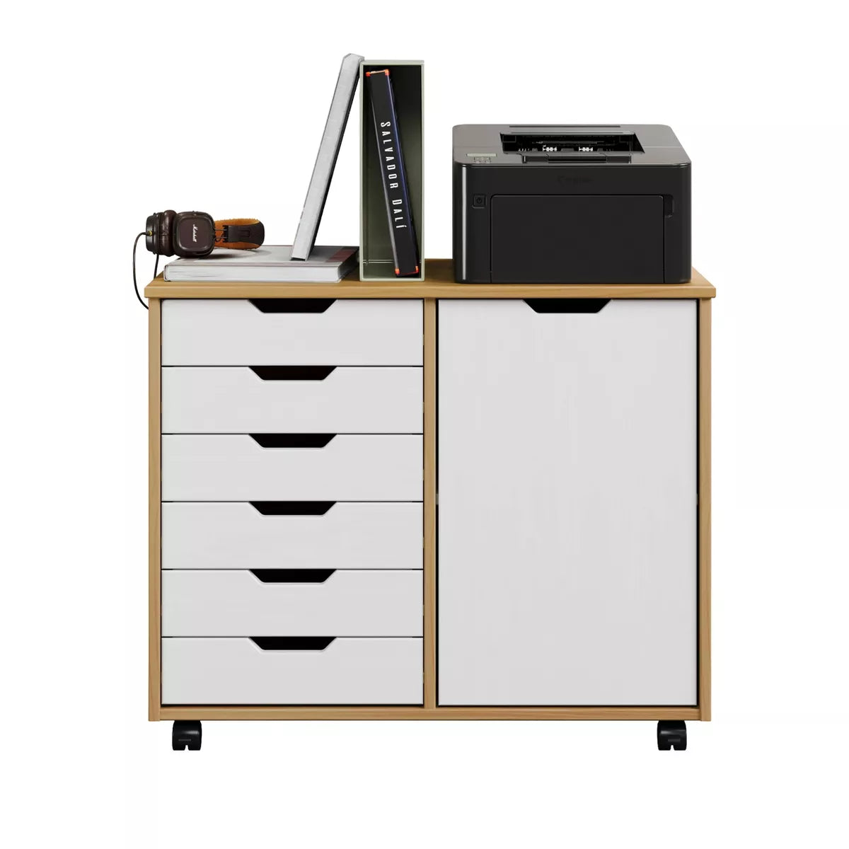 6 Door Drawer Roll Cart White and Natural Wood