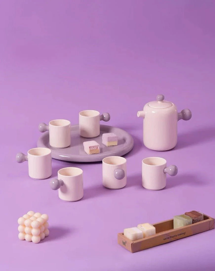 Cute Whimsical Dopamine Bauhaus Tea Pot & Tea Cups Set of 8 Pcs - Handmade Ceramic Teaset Gift Box