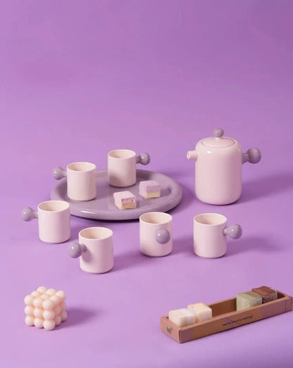 Cute Whimsical Dopamine Bauhaus Tea Pot & Tea Cups Set of 8 Pcs - Handmade Ceramic Teaset Gift Box