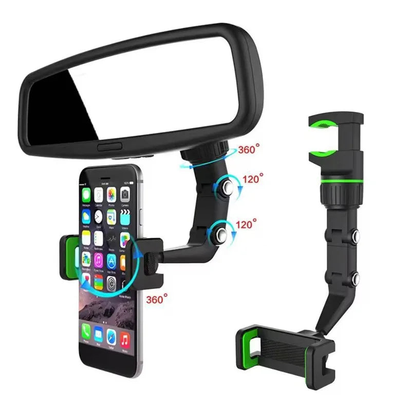 360° Rotatable and Retractable Multifunctional Car Phone Mount for Rearview Mirror