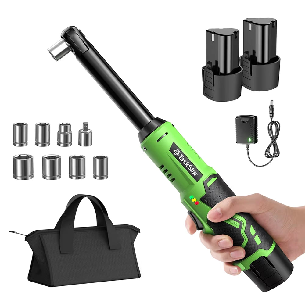 Taskstar 6-Inch Cordless Ratchet Wrench with Extended Reach, 3/8" Electric Wrench, 36.88 Ft-Lbs Torque for Automotive Repairs, Includes Two 2.0Ah Batteries and Integrated LED Work Light