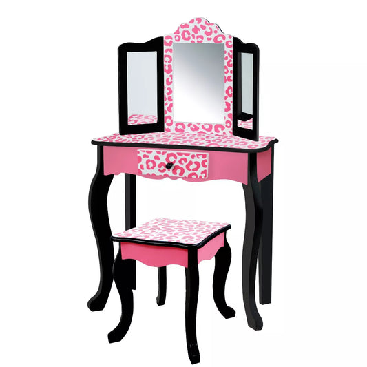 Teamson Kids 2Pc Leopard Prints Kids' Wooden Play Vanity Set Black/Pink: Makeup Vanity for Little Girls with Stool