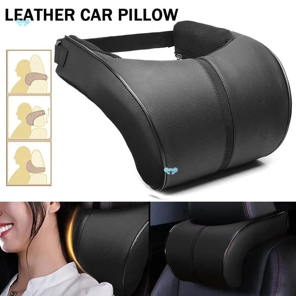 Adjustable Breathable Memory Foam Car Headrest and Neck Pillow with Leather Finish, Includes Car Waist Pad - Automotive Decorative Accessories