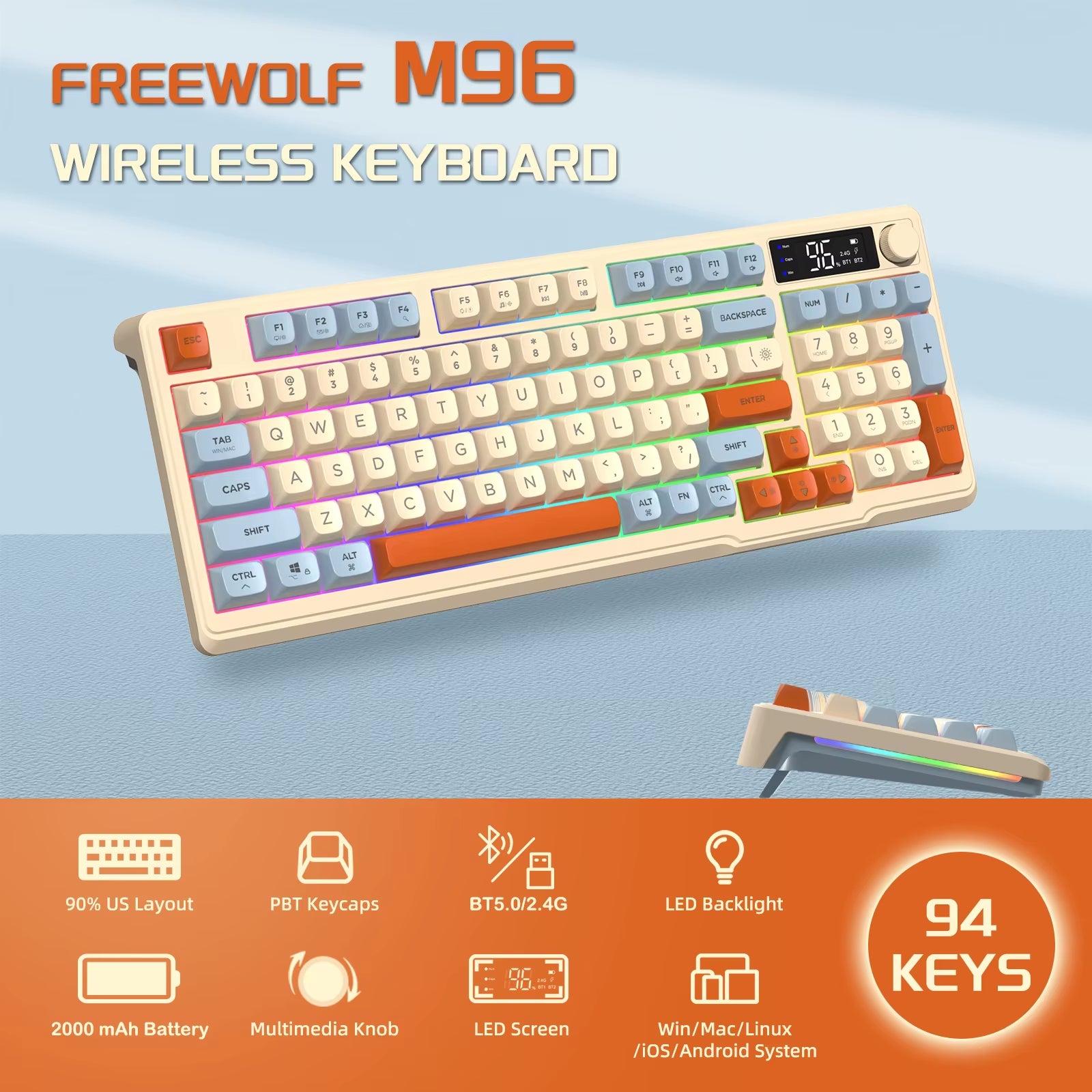 ZIYOU LANG Wireless Gaming Keyboard with Display Screen & Knob, Bluetooth/2.4Ghz Quiet Membrane Keyboard, 3000Mah Rechargeable