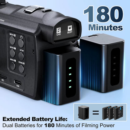 4K Camcorder Video Camera with 48MP Vlogging Camera with Wi-Fi & App Control,Video Recorder with 3X Battery Life, 16X Zoom