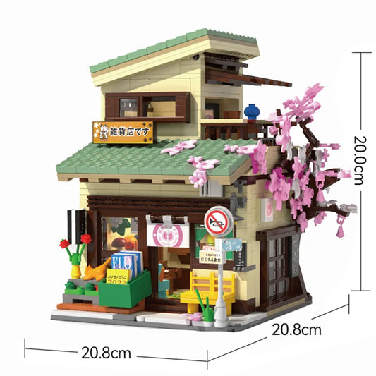 LED City Japanese Style Grocery Store House Building Blocks Double Decker Duplex Architecture Bricks Toys for Kid Gifts