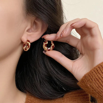 Gold Plated Black Enamel Irregular Hoop Earrings with Crystal Accents for Women