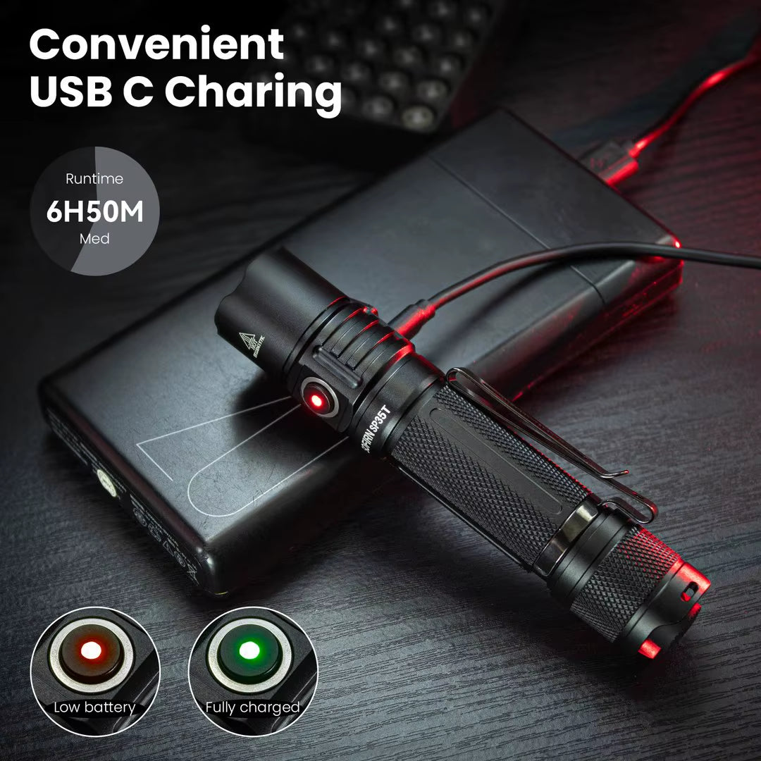 SP35T 3800Lm Tactical 21700 Flashlight Powerful LED Light USB C Rechargeable Torch with Dual Switch Power Indicator ATR