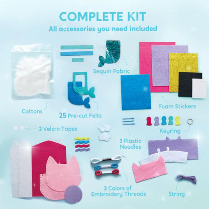 JOYFY 7-In-1 Kids Sewing Kit - Beginner-Friendly DIY Arts and Crafts for Girls, Perfect for Birthdays and Christmas, Featuring Unicorn and Mermaid Designs