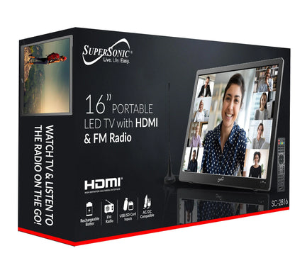 Supersonic Portable 16" 12 Volt Digital LED TV with USB, SD, and HDMI Input, Built-In Rechargeable Lithium Ion Battery and FM Radio (SC-2816)