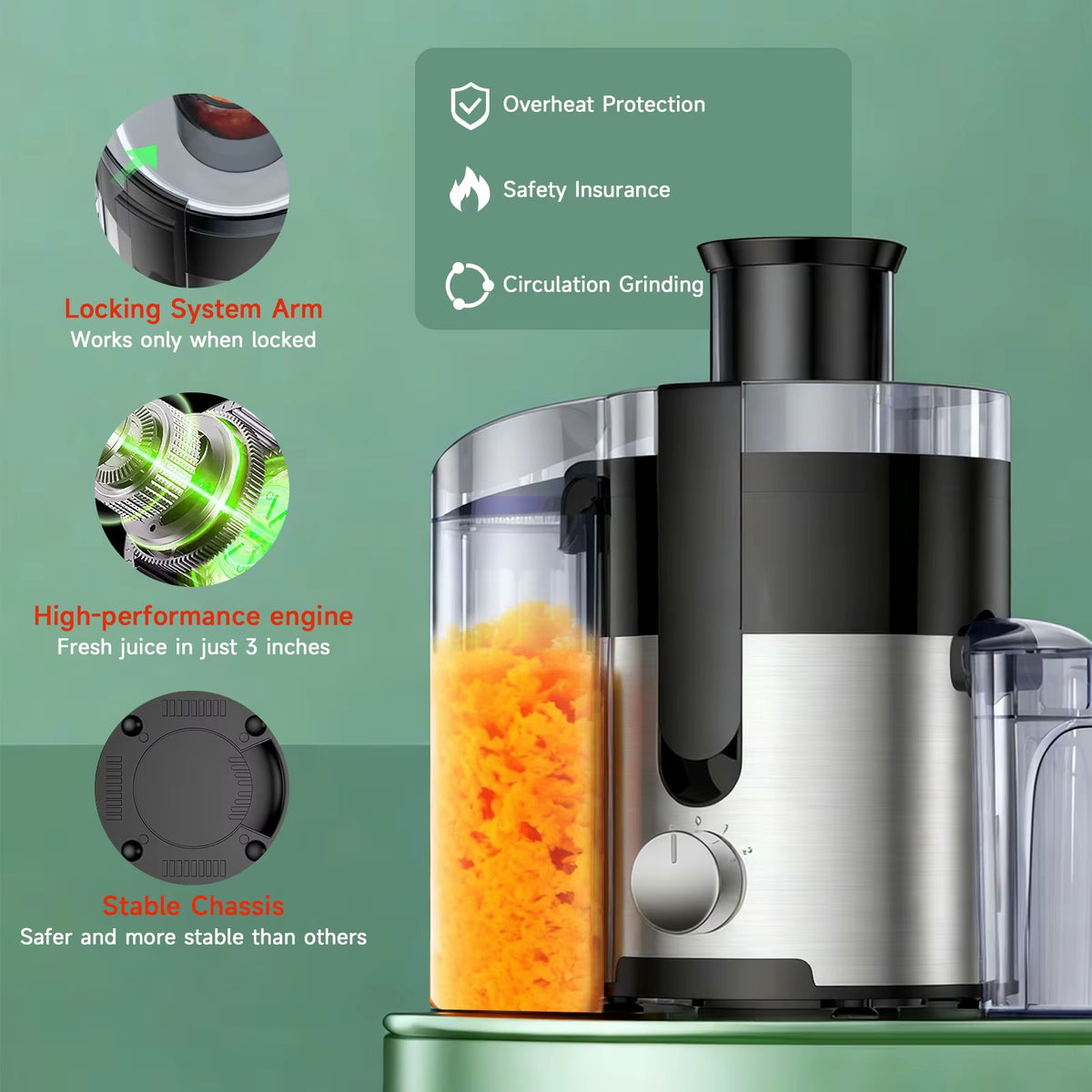 Professional High-Speed Juicer with 3-Inch Wide Mouth, Metal Body, 3-Speed Settings, Easy Cleaning, Detachable Design, High Juice Yield, and Adjustable Spout for Efficient Fruit and Vegetable Juicing