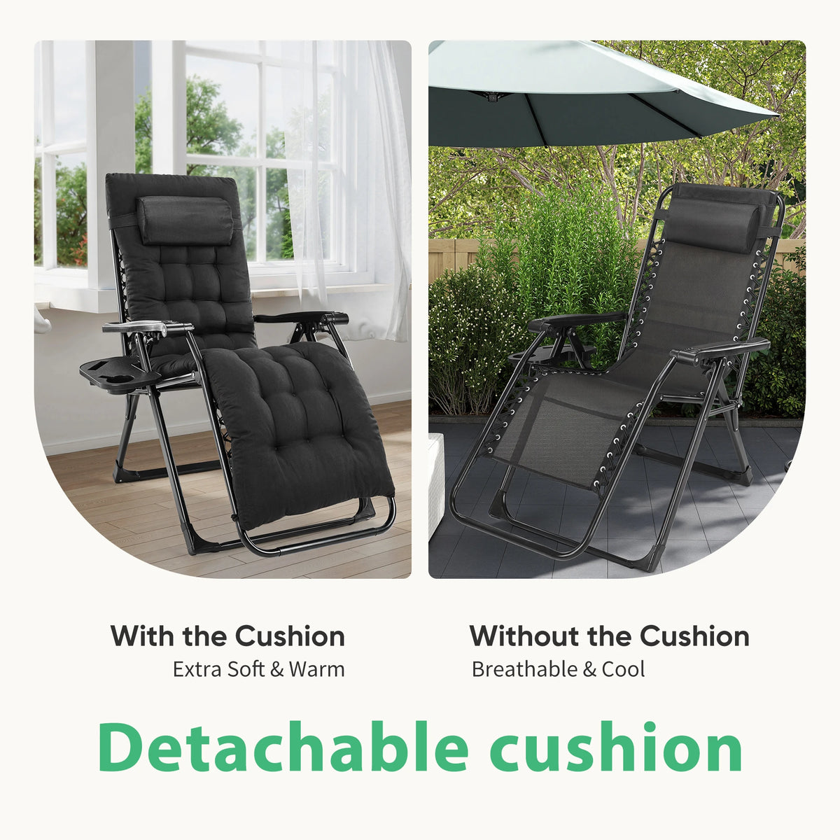 JHK Portable Zero Gravity Recliner Lounge Chair with Cup Holder Trays and Removable Cushion for Outdoor Use