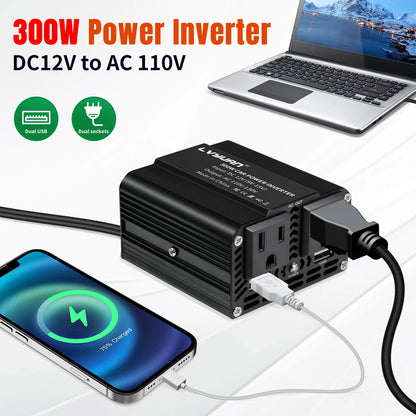 500W/300W Mini Portable Car Inverter DC12V to AC110V with USB 5V 3.1A Output and US Socket