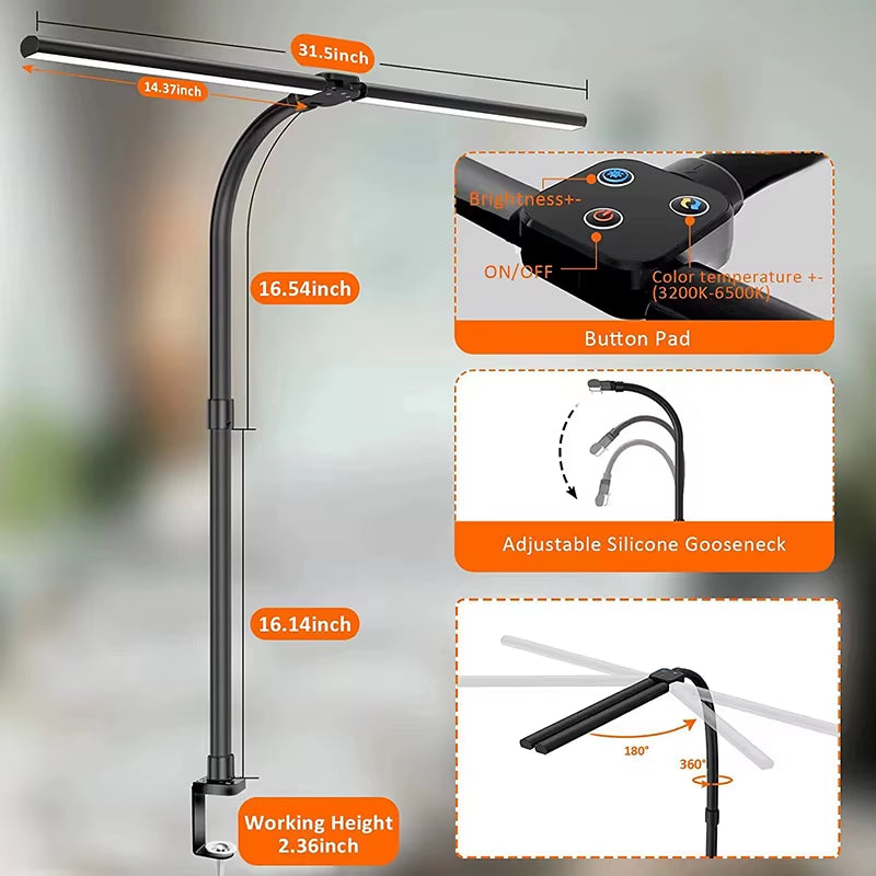 Double Head LED Desk Lamp EU/US Architect Desk Lamps Office 24W Brightest 5Color Modes and 5 Dimmable Eye Protection Lamp