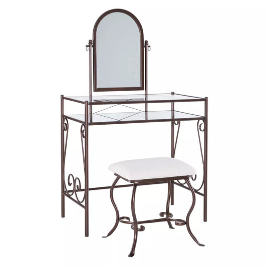 Clarisse Traditional Metal and Glass Shelf Tilting Mirror Vanity and Upholstered Stool Brown